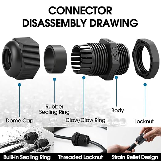 25 Pack Cable Gland Kit – IP68 Waterproof Nylon Cord Grip Connectors PG7 to PG16 - Image 3