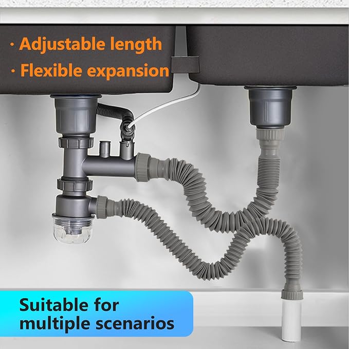 Sink Drain Pipe Kit, 1 Pack Flexible Drain Pipe P Trap, 8.46"-20.67" Flexible P - Image 5