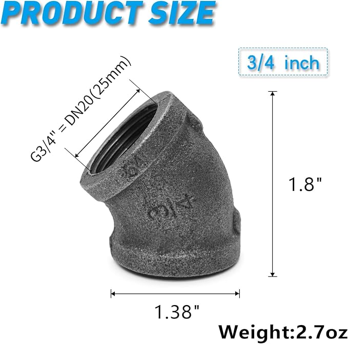 3/4" 45-Degree-Elbow, Home TZH Internal Threaded Cast Black Malleable Iron Elbow - Image 2
