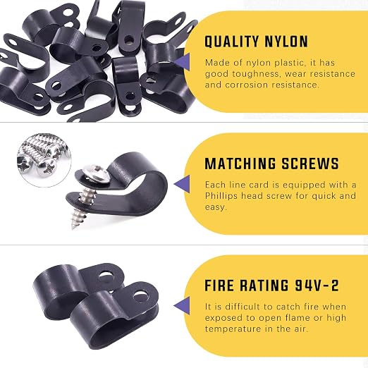 Swpeet 60 Pack Black 1/2 Inch Nylon Plastic R-Type Cable Clips Clamp Kit - Image 3
