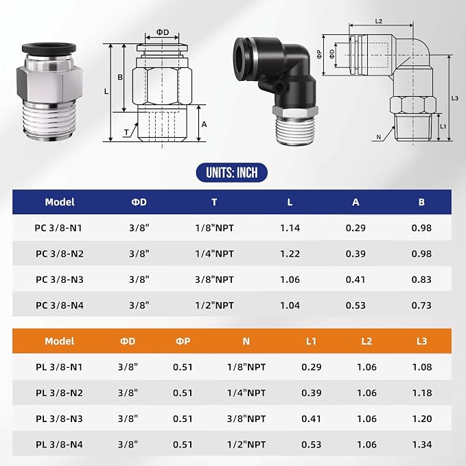 3/8 Push to Connect Fittings npt Thread to 3/8 Air Line quick | Pneumatic - Image 2