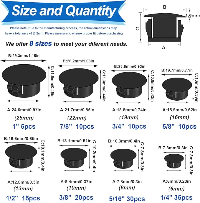 Tnisesm 135Pcs 8 Sizes Nylon Plastic Hole Plugs Black 1/4" 5/16" 3/8" 1/2" 5/8" - Image 2