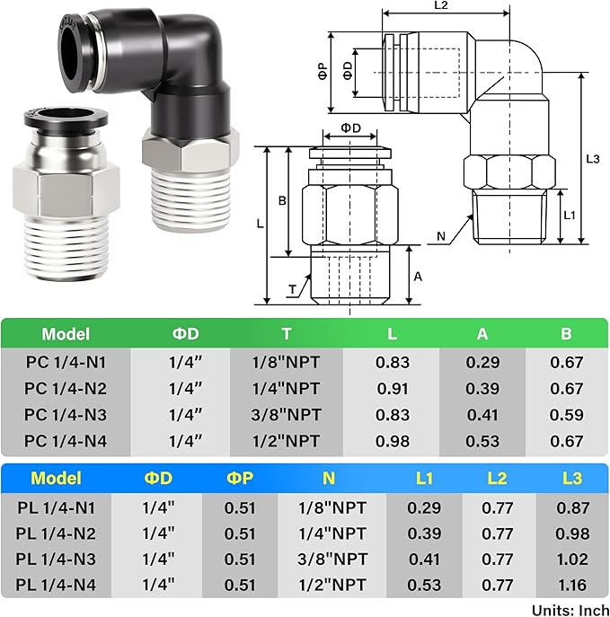 TAILONZ 1/4" x 1/8" NPT Push to Connect Straight & Elbow Fitting Kit 12pcs | - Image 2