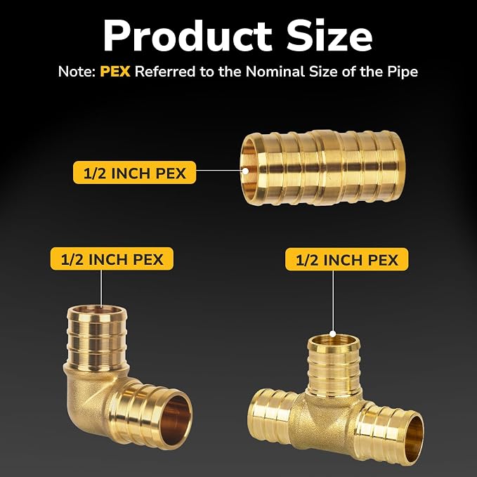 48 Pack 1/2" Pex Fittings Set, Tee and Coupling, Heavy-Duty Brass Crimp Fittings - Image 2
