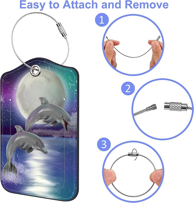Set of 2 Luggage Tags for Suitcase Moon Night and Jumping Dolphin Leather - Image 4