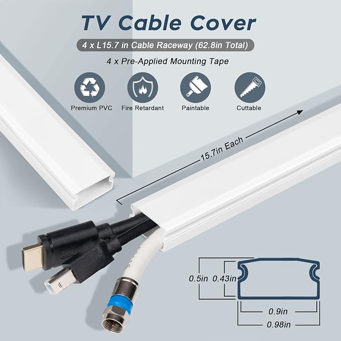 62.8in Black Cord Hider for TV on Wall, Paintable Cord Cover Wall Kit | Wire - Image 2