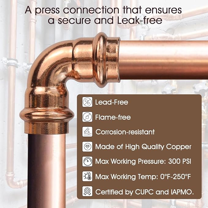 Copper Press Fittings 1/2inch Kit, 6pk Copper Coupling&6pk 90 Elbow&3pk Tee | - Image 3