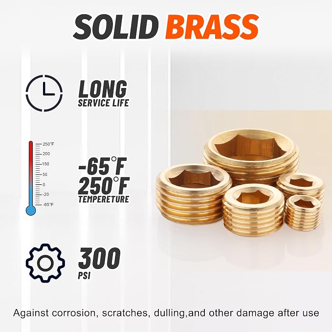 20PCS Brass Pipe Fitting Socket Plugs Kit, 1/8" 1/4" 3/8" 1/2" NPT | Male - Image 3