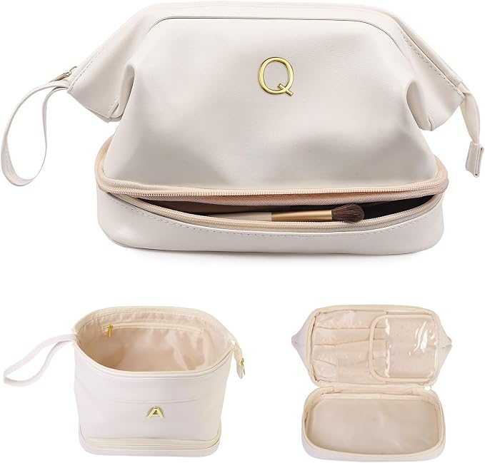 Bridesmaid Gift, Initial Makeup Bags, Personalized Double Layer Cosmetic Bag by Vogewood