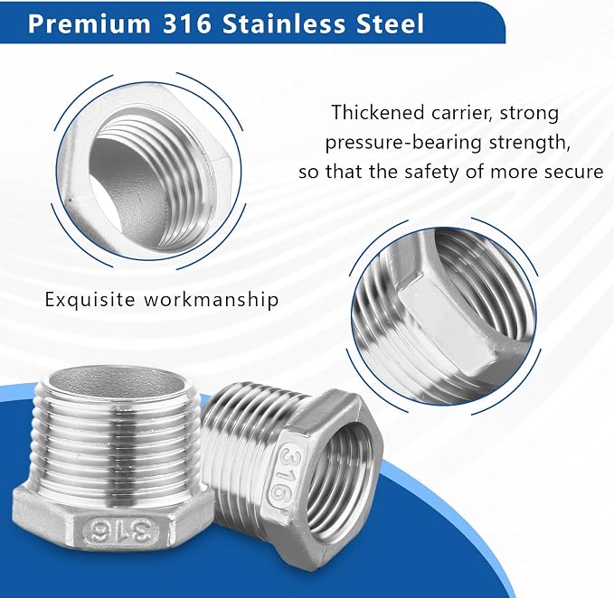 316 Stainless Steel Hex Bushing Reducer, 3/4" NPT Male to 1/4" NPT Female Pipe - Image 3