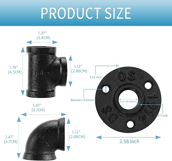 1/2" Black Pipe Fitting, 30 Pack Floor Flange/Elbow/Tee Combo - Image 2