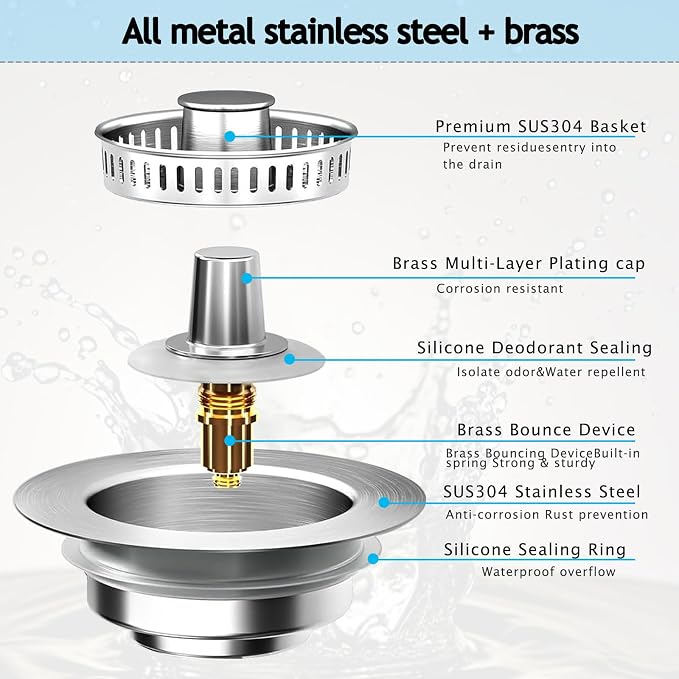 Kitchen Sink Drain Strainer for 3-1/2 Inch Drain Hole, 3-in-1 304 Stainless - Image 3