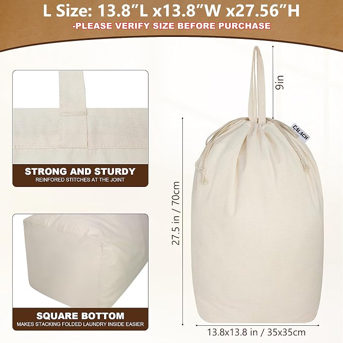 Canvas Laundry Bags with Handles & Square Base 13.8"x 13.8", Large Heavy Duty - Image 4