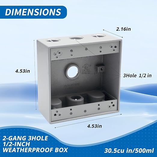 2-Gang Weatherproof Outlet Box, 3 1/2 in Hole Outdoor Electrical Box | Aluminum - Image 2