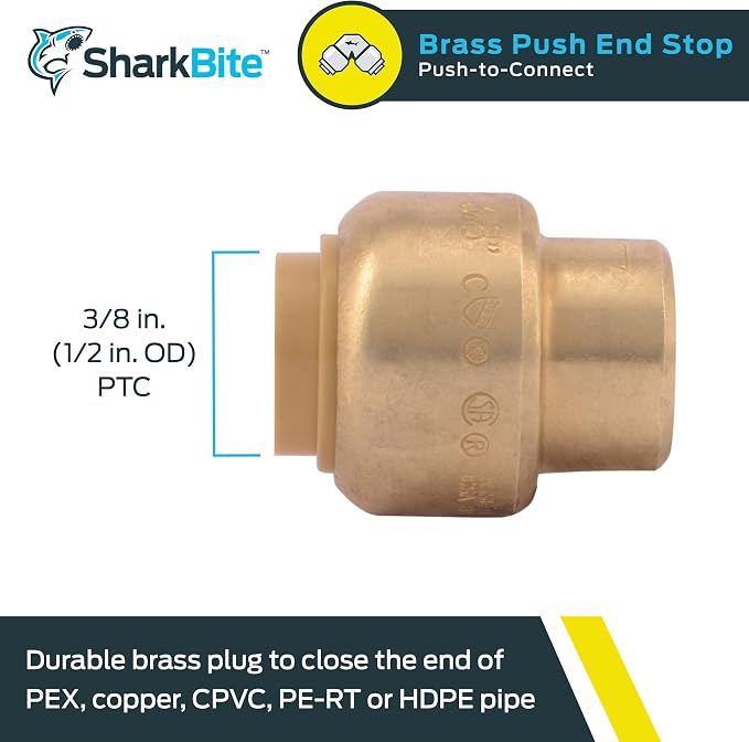 SharkBite 3/8 Inch Push Cap, Push to Connect Brass Plumbing Fitting, PEX Pipe - Image 2