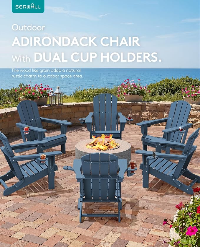 SERWALL Folding Adirondack Chair, Dual Cup Holders & All-Weather HDPE, - Image 7