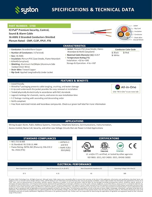 Syston 16/3 Fire Alarm Control Cable, Stranded Copper, CMP Shielded, 1000FT | - Image 2