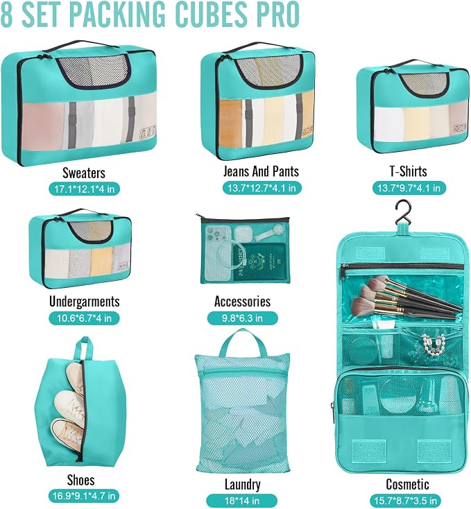 Veken 8 Set Packing Cubes for Travel Essentials, Suitcase Organizer Bags in 4 - Image 2