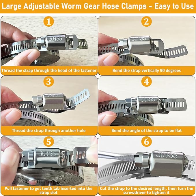 Hose Clamps Stainless Steel, Large Worm Gear Duct Pipe Hose Clamp Assortment Kit - Image 2