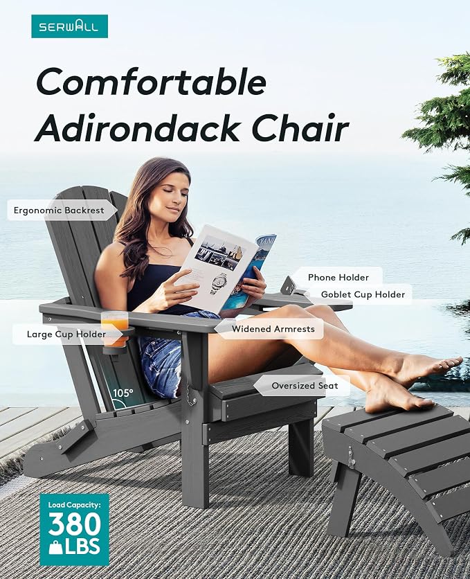SERWALL Foldable Adirondack Chair Set of 2, HDPE Adirondack Chair - Image 3