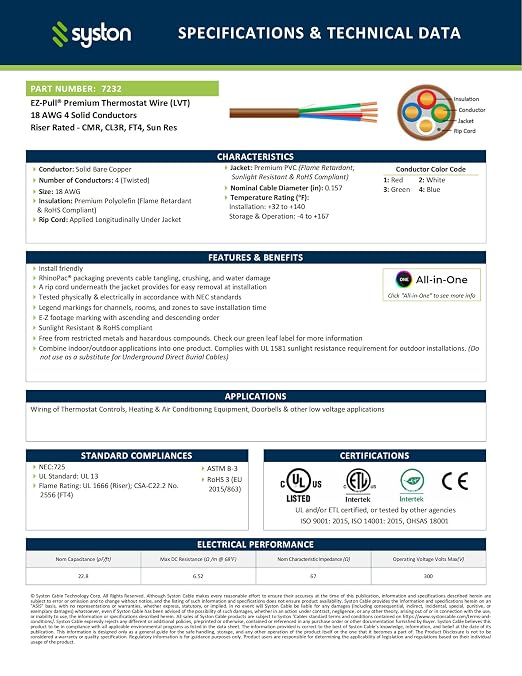 Syston 18/4 Thermostat HVAC Cable Wire, 100% Solid Copper, Riser/CL3R/CMR | 18 - Image 2