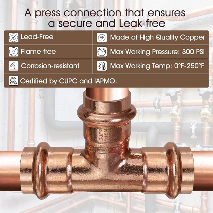 Copper Press Fittings Tee 3/4 Inch Copper Press Tee Coupling 6PK, Zero Lead | - Image 3