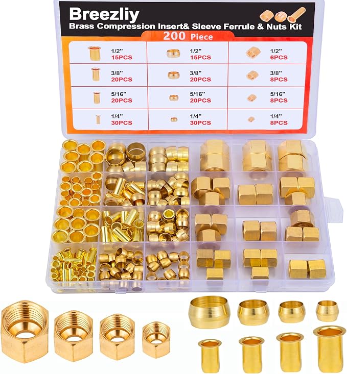 1/4", 1/2" OD Brass Compression Insert, Sleeve Ferrule, Nut 200PCS by Breezliy
