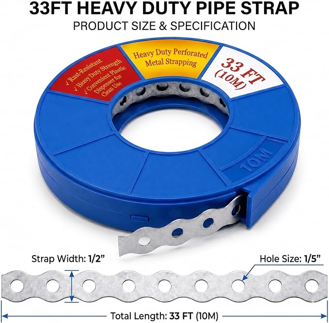 32.8FT Heavy Duty Perforated Metal Strapping, Galvanized Pipe Hanger Strap - Image 3