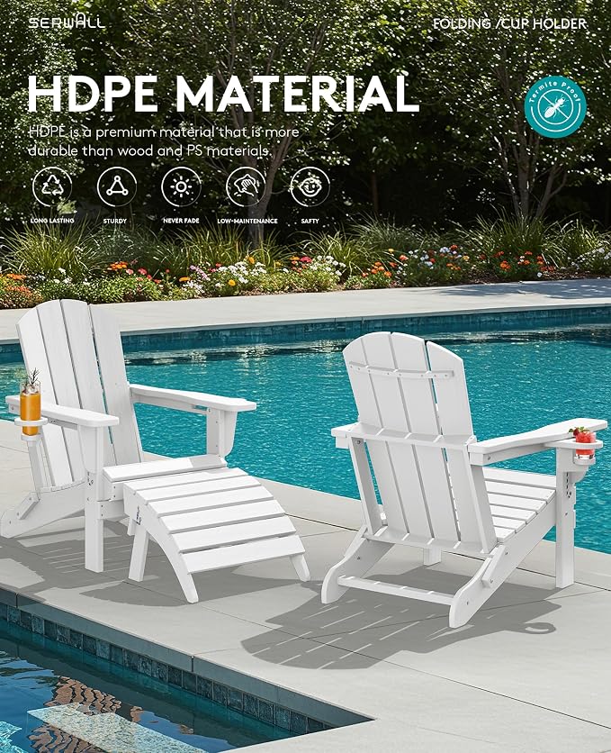 SERWALL Folding Adirondack Chair, Dual Cup Holders & All-Weather HDPE, - Image 9