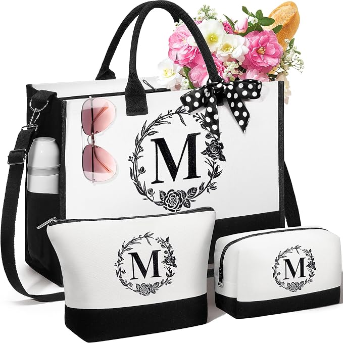 Personalized Mothers Day Gifts for Women, Initial Canvas Tote Bag & Makeup Bag by Unknown