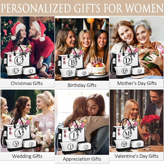 Personalized Mothers Day Gifts for Mom Women, Initial Canvas Tote Bag & Makeup - Image 5