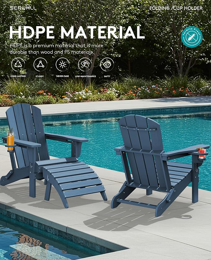 SERWALL Folding Adirondack Chair, Dual Cup Holders & All-Weather HDPE, - Image 9