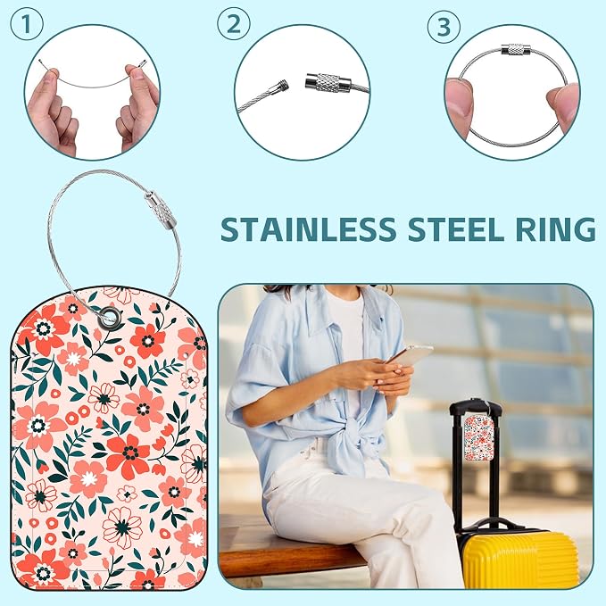 Orange Flowers Luggage Tag for Suitcase Set of 2 PU Leather Cute Luggage Tags - Image 3