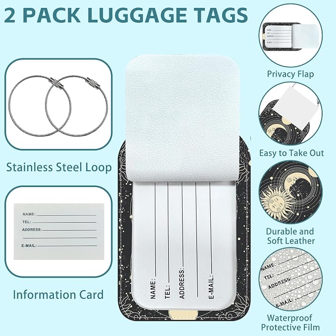 Sun Moon Luggage Tag for Suitcase Set of 2 PU Leather Cute Luggage Tags - Image 2