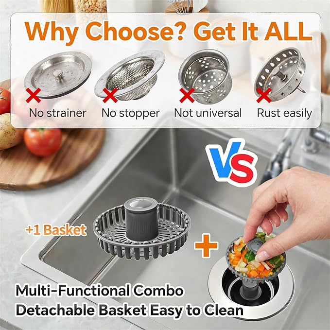 Solid Brass Body 3-in-1 Kitchen Sink Drain Strainer & Stopper, Heavy Duty Pop - Image 5