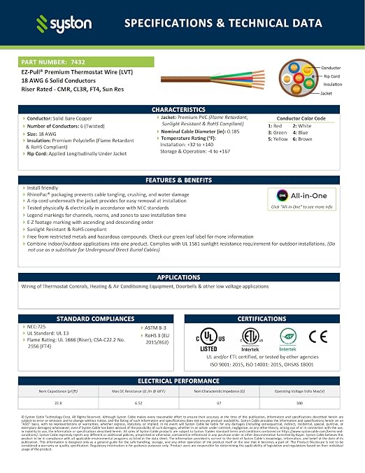 Syston 18/6 Thermostat HVAC Cable Wire, 100% Solid Copper, Riser/CL3R/CMR | 18 - Image 3