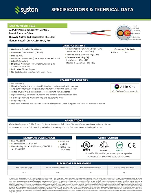 Syston 16/2 Alarm Control Cable, Stranded Copper, CMP Shielded, 500 FT | 16 AWG - Image 2