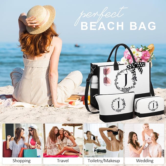 Personalized Mothers Day Gifts for Women, Initial Canvas Tote Bag & Makeup Bag - Image 4