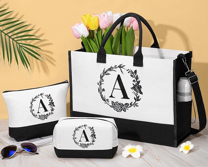 Personalized Mothers Day Gifts for Mom Women, Initial Canvas Tote Bag & Makeup - Image 2