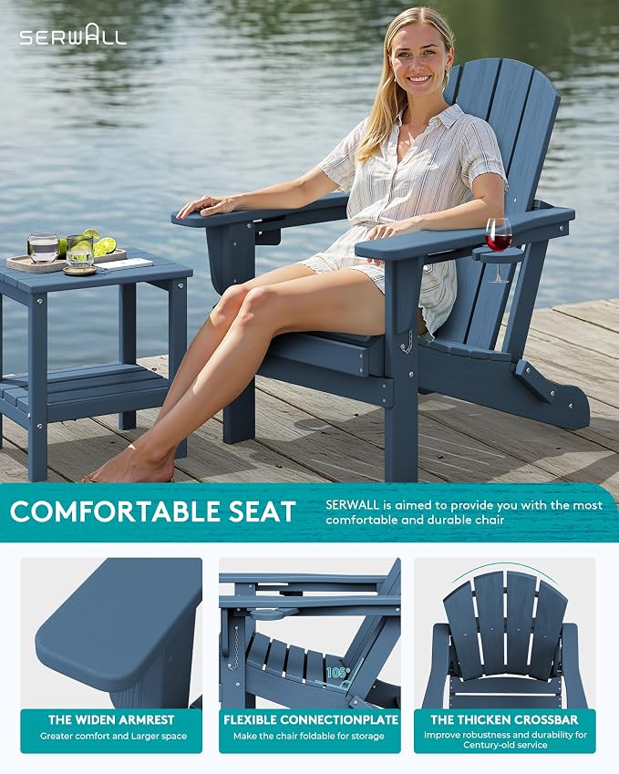 SERWALL Folding Adirondack Chair, Dual Cup Holders & All-Weather HDPE, - Image 5