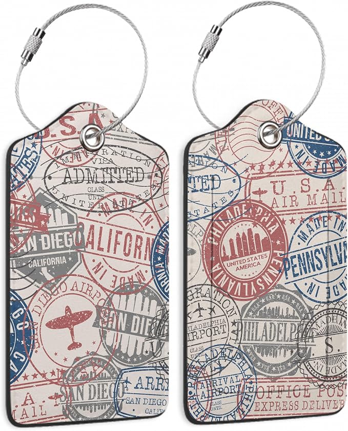 Set of 2 Luggage Tags for Suitcases, Leather Passport Travel Stamps Baggage Tags by TXIANT