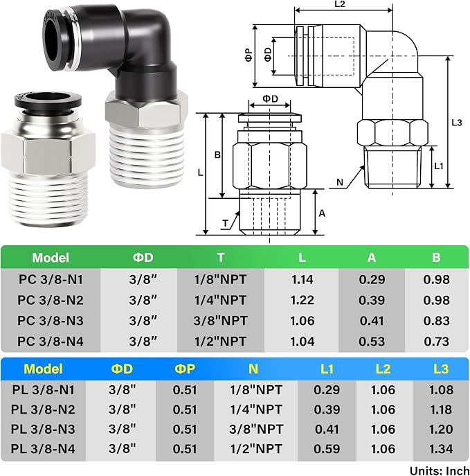 TAILONZ PNEUMATIC Elbow and Straight Combination 3/8 Inch Tube OD x 1/2 Inch - Image 2