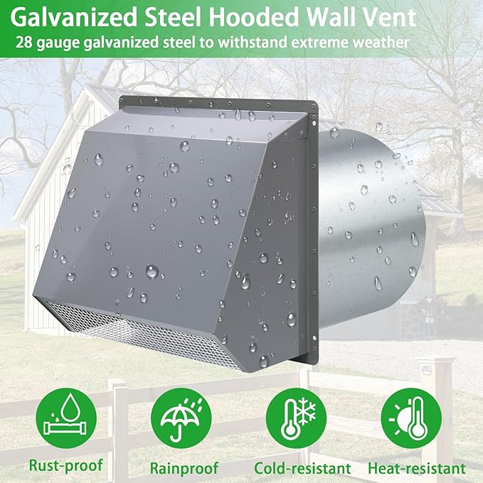 8 Inch Hooded Wall Vent with Screen and Damper, Wall Exhaust Vent Cover Cap - Image 5