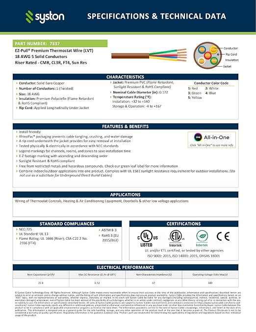 Syston 18/5 Thermostat HVAC Cable Wire, 100% Solid Copper, Riser/CL3R/CMR | 18 - Image 2