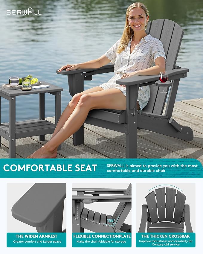 SERWALL Folding Adirondack Chair, Dual Cup Holders & All-Weather HDPE, - Image 3