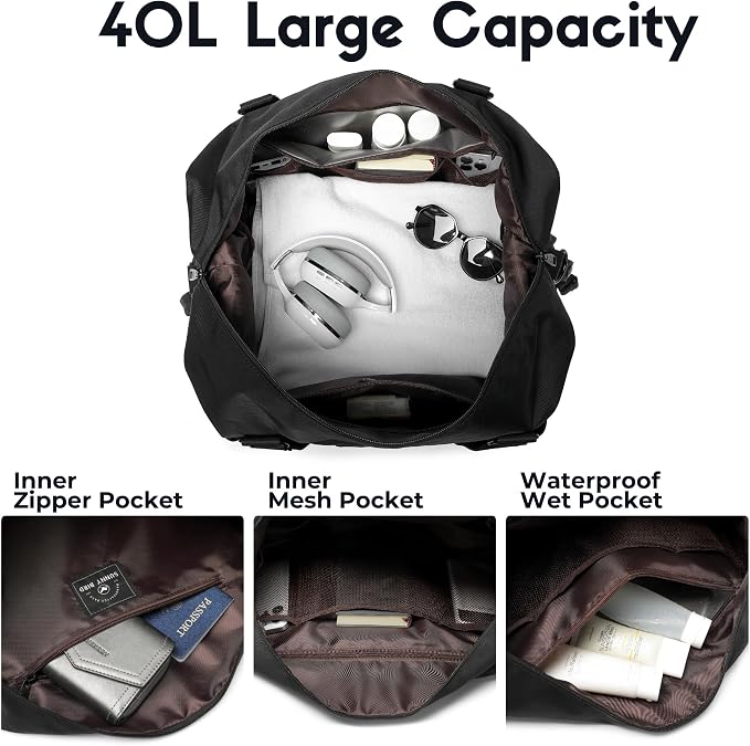 SUNNY BIRD Duffel with Utility Pouch, 40L Weekender Overnight Bag with Shoe - Image 3