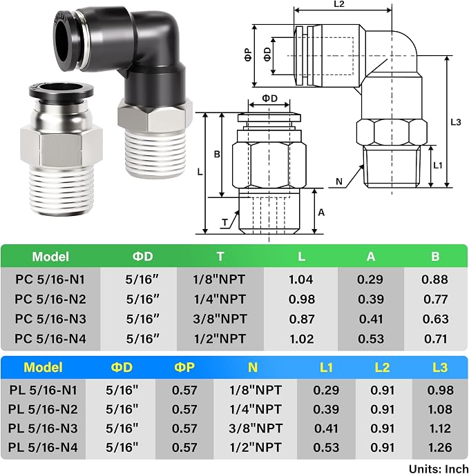 TAILONZ PNEUMATIC Elbow and Straight Combination 5/32 Inch Tube OD x 1/4 Inch - Image 2
