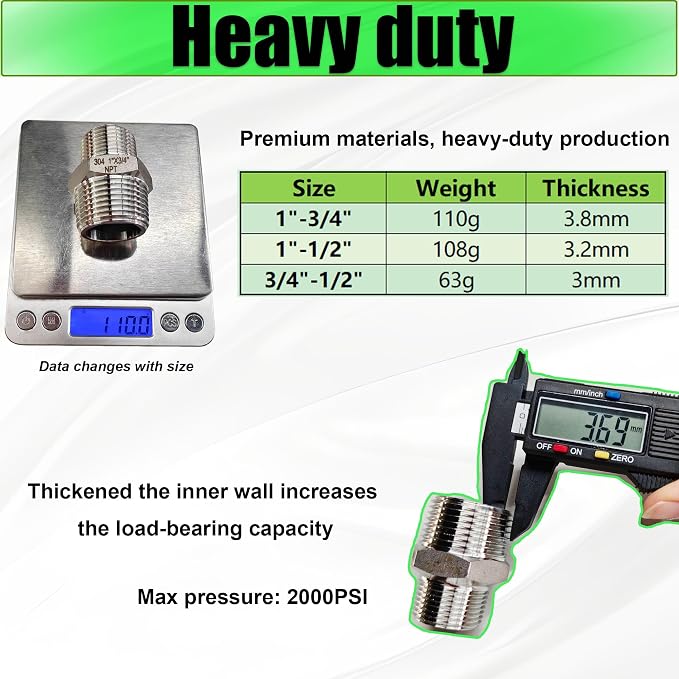 1/2" to 3/8" Male NPT Hex Reducing Nipple Fitting Adapter, 304 Stainless Steel - Image 3