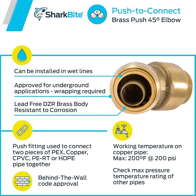 SharkBite 1/2 Inch 45 Degree Elbow, Push to Connect Brass Fitting, PEX Pipe - Image 4