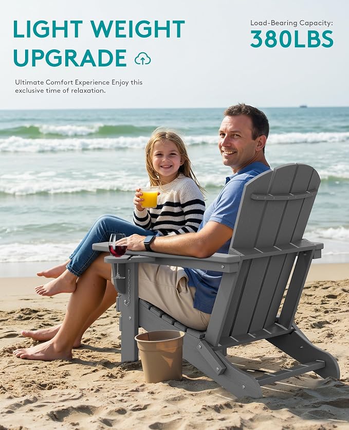 SERWALL Folding Adirondack Chair, Dual Cup Holders & All-Weather HDPE, - Image 4